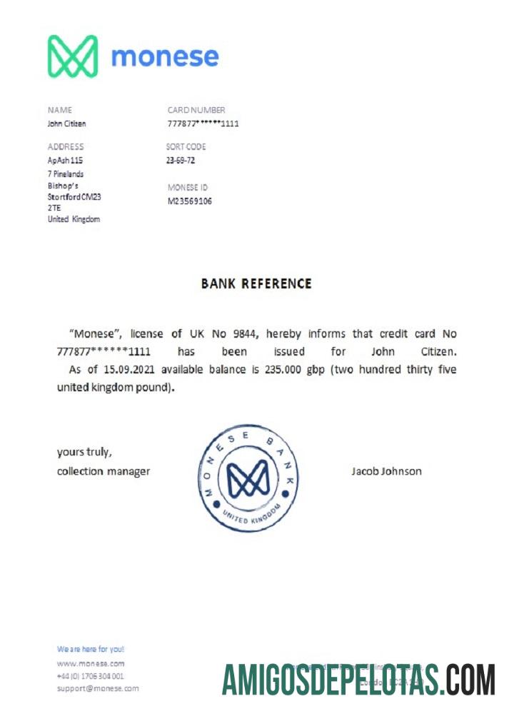 Referência Monese do Reino Unido modelo